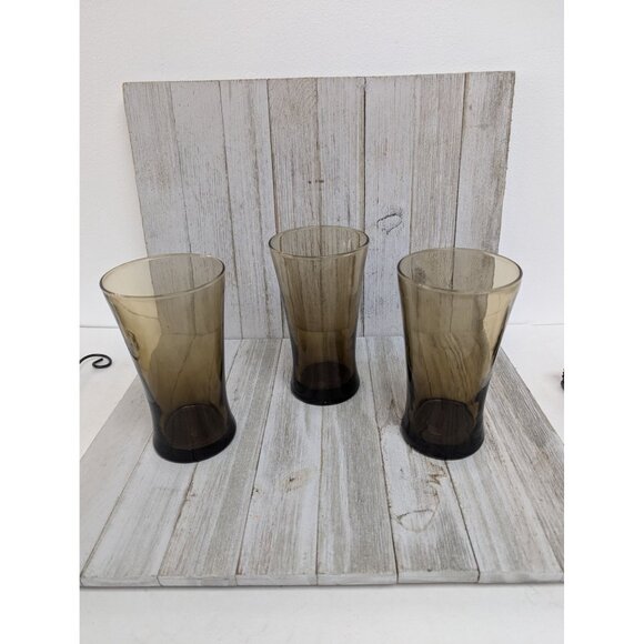 Vintage 3 Anchor Hocking Tumblers Linden Smokey Brown Drinking Glasses - Picture 1 of 7